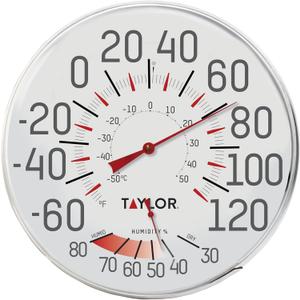 Taylor Metal Wall Indoor Outdoor Thermometer and Hygrometer, Easy to Read Numbers for Patio, Pool, and Indoor Areas, 12 inch, White