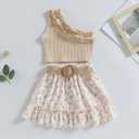 BOEBNOZCV Toddler Baby Girls Outfits Ruffle Off Shoulder Crop Tops + Floral Tulle Shorts Skirt Set Kids Summer Clothes (Beige Floral Skirts,8-9 Years)