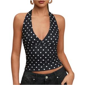 SweatyRocks Women's Polka Dots Print Halter Tops Going Out Backless Deep V Neck Summer Top (Black)