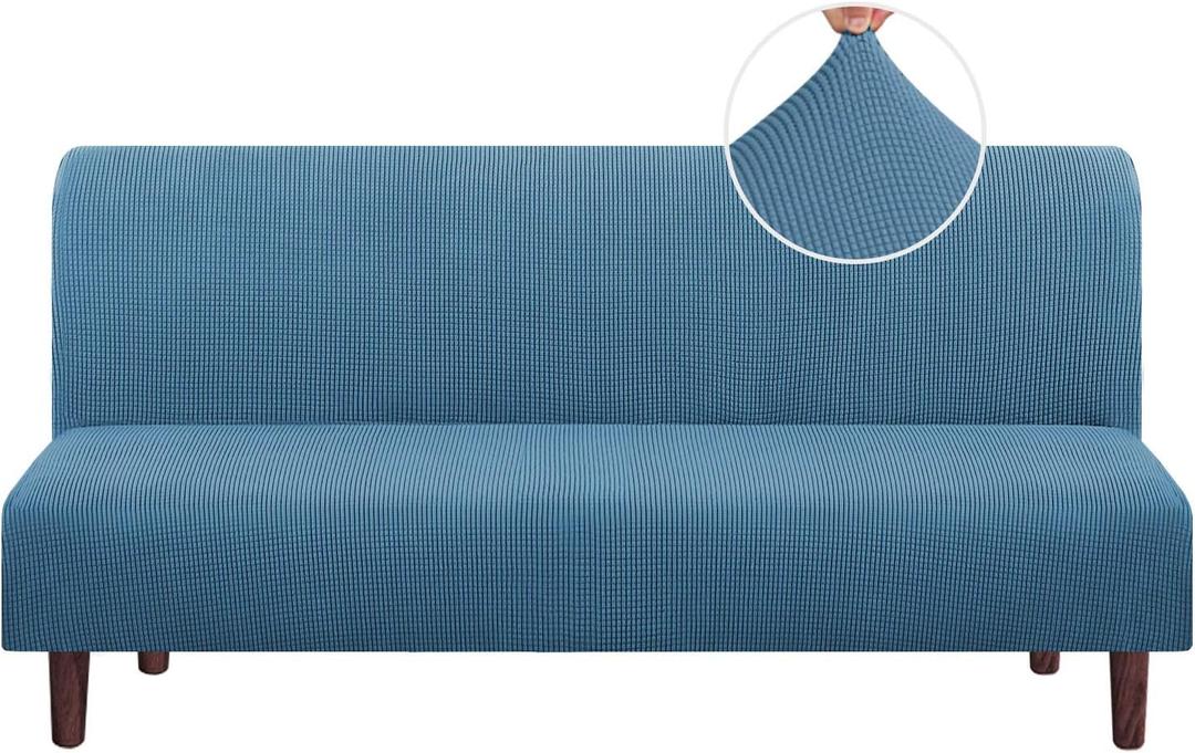 PrinceDeco Stretch Armless Futon Cover - Full Queen Size Sofa Slipcover - Furniture Protector With Elastic Bottom, Checked Pattern Jacquard, Dusty Blue