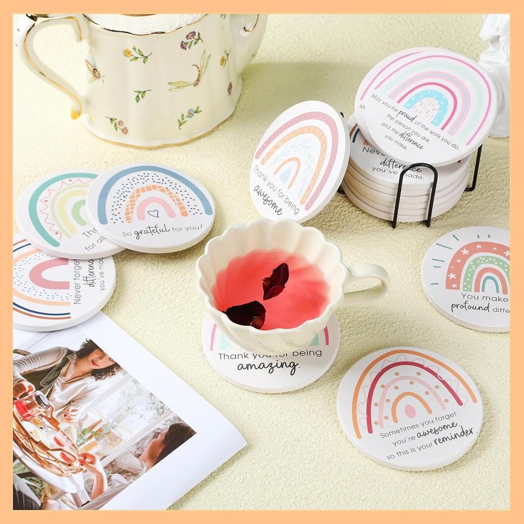 Set of 24 Thank You Appreciation Coasters Set, Ceramic Absorbent Drinks Coasters with Cork, Water Absorbent Cute Cup Mat Gifts for Teacher Employee(Elegant Style,Set of 24)