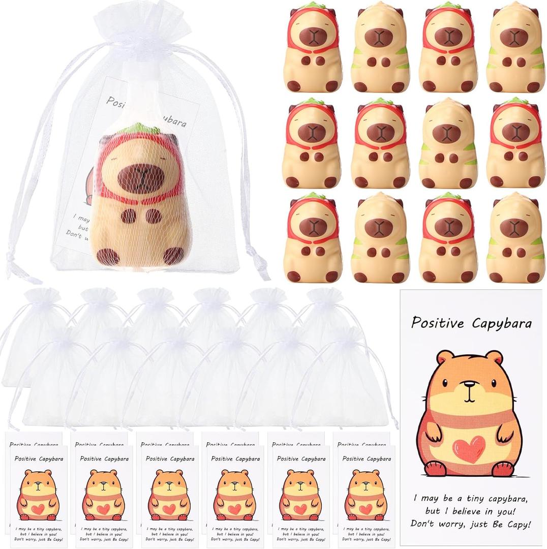 RoundFunny 12 Set Capybara Party Favors Positive Capybara Squeeze Stress Balls with Cards & Bags Mini Animal Stress Relief Toy Bulk for Employee Appreciation Gifts Adult Kid Birthday Decor (Classic)
