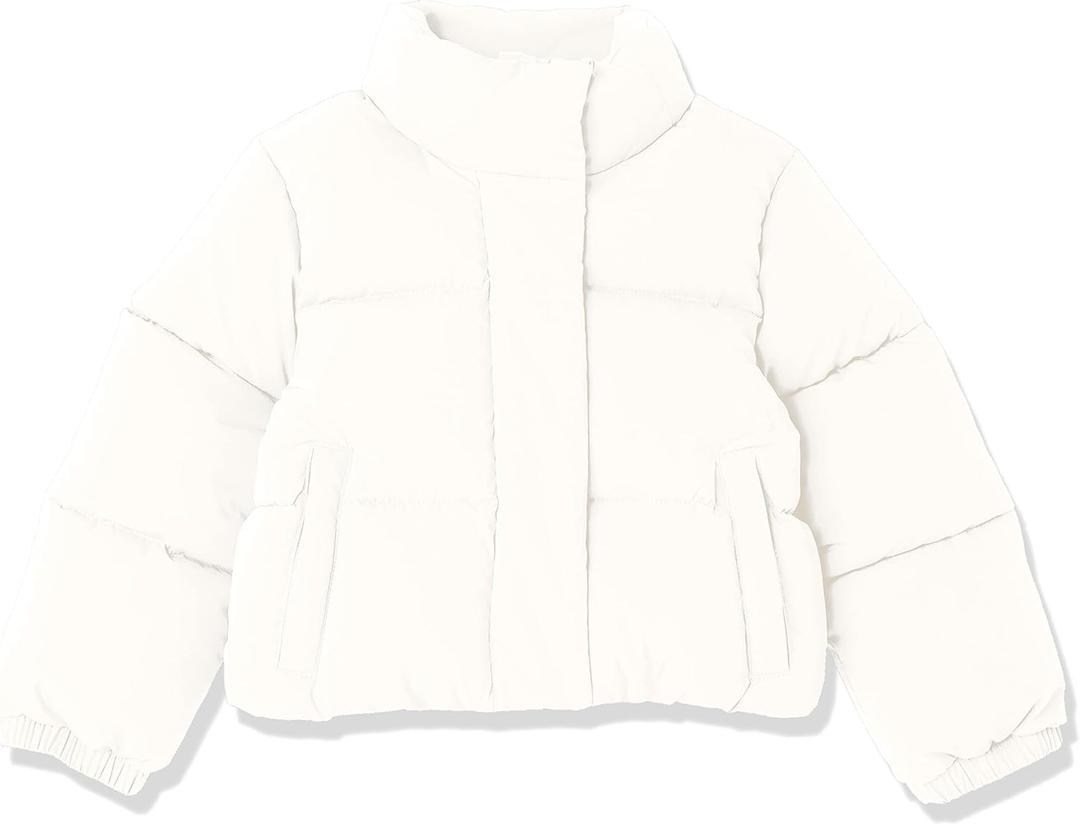 Amazon Essentials Girls and Toddlers' Cropped Full-Zip Puffer Jacket, Sherpa Fleece (XX-Large, Eggshell White)