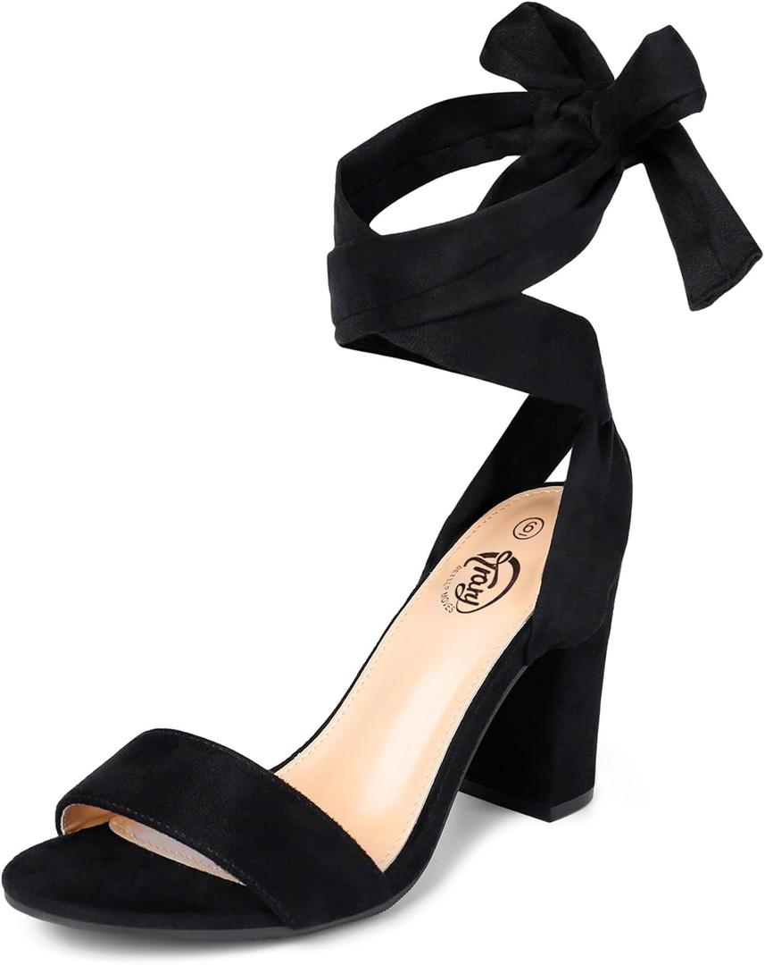 Trary Pink Purple Nude Red Black Heels for Women, Lace Up Chunky Heels for Women, Strappy Heels for Women Sandals, High Platform Stripper Heels, Comfortable Wide Width Tie Up Heels 3 Inch Open Toe ( Size 9.5)