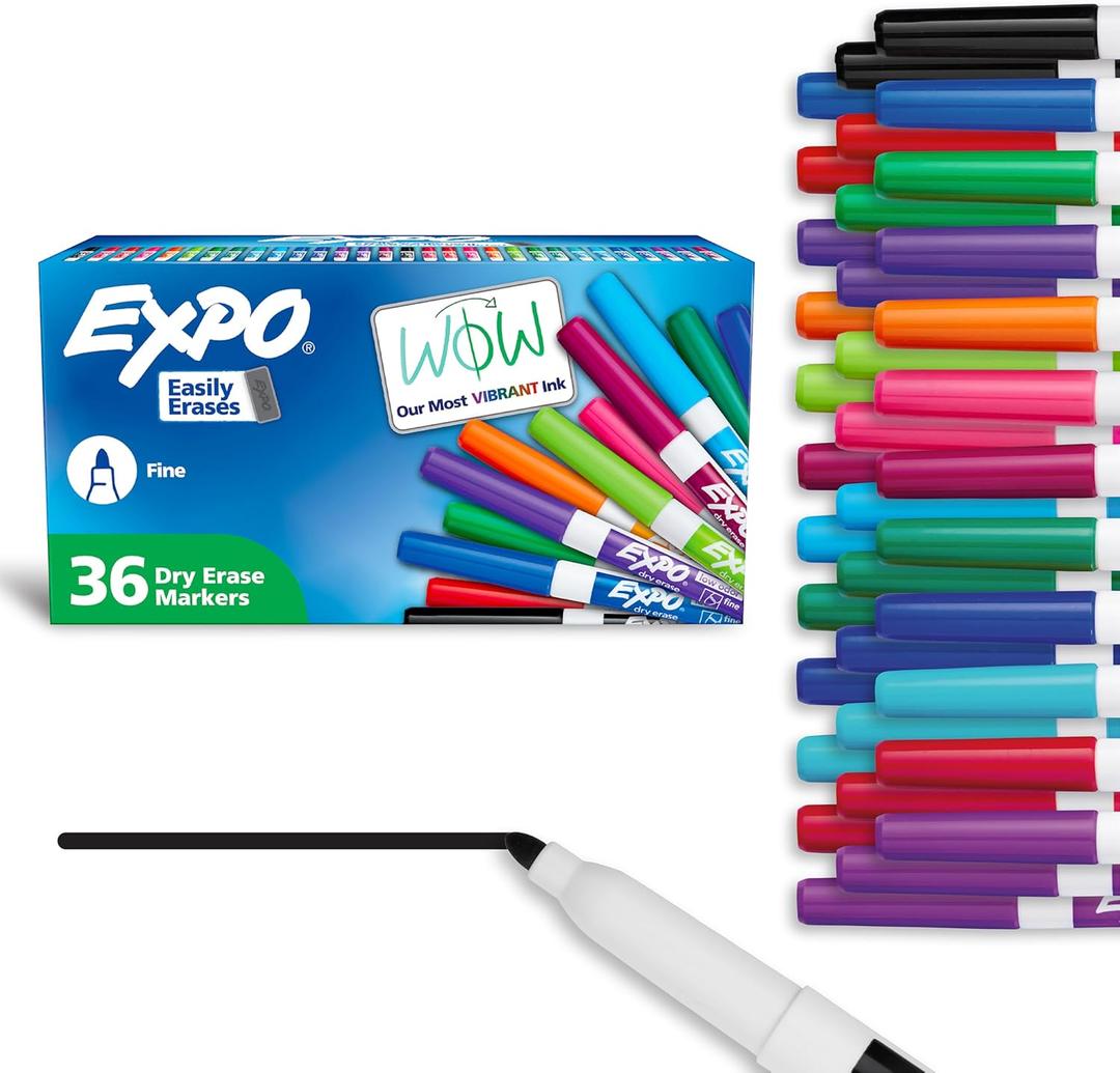 EXPO Fine-Tip Low-Odor Ink Dry Erase Markers Assorted Vibrant Colors Pack of 36 Markers for Classrooms Offices & Homes