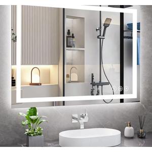 91.4x71.1x3.3 CM, LED Bathroom Mirror, Backlit + Front Lit, LED Bathroom Mirror with Lights for Wall, 3 Colors, Anti-Fog, Dimmable Brightness, Memory Function, Tempered Glass