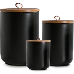 Black Ceramic Canister Set with Wooden Lid, 3-Piece Food Storage Jars for Kitchen Counter, Storage Container for Coffee, Tea, Spice, Sugar, Grains, Salt