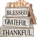 4 Pcs Farmhouse Wooden Tabletop Decor Neutral Farmhouse Tiered Tray Decor Rustic Retro Wood Bead Garland Blessed Grateful Thankful Block Sign Centerpiece for Coffee Home Office Shelf Mantle Table