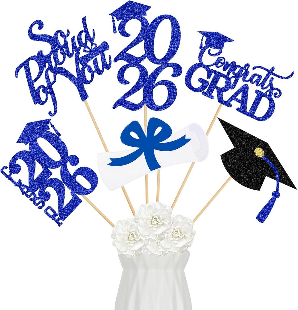 2 x 24Pcs Blue 2026 Graduation Table Centerpieces, Graduation Centerpieces for Tables 2026 Blue Graduation Centerpieces Sticks for 2026 Graduation Party Table Decorations Blue