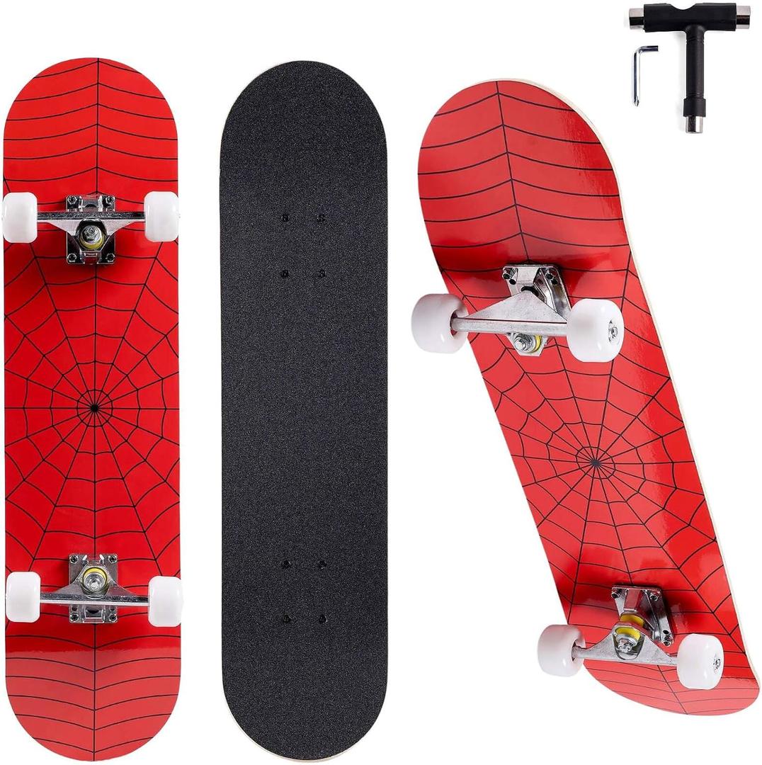 Skateboard for Beginners, Standard Complete Skateboard 31 Inch Double Kick Concave Deck with 7 Layer Maple Wood, Smooth Wheels & Bearings