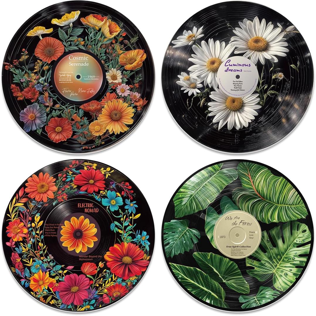 twinklemon 4PCS Vinyl Record Decor 12 Inch Record Decorations for Indie Hippie Room Decor Botanical Wall Art for Room Aesthetic Flower Leaves Records Wall Decor for Music Party Studio Display