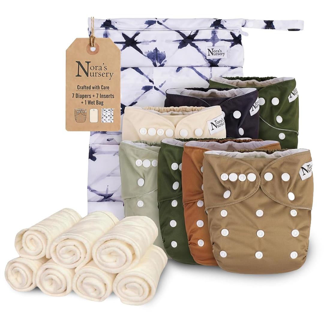 Nora's Nursery Cloth Diapers for Babies (Down to Earth) 7 Adjustable Baby Reusable Diapers, 7 Inserts & 1 Wet Bag From Newborns to Toddlers One-Size Pocket No-Leak, Washable Design to Reduce Waste