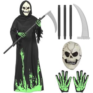 Halloween Grim Reaper Costume for Kids Boys Girls,Glow in the Dark Deluxe Phantom Costume