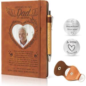 Memorial Gifts for Loss of Dad, Letters to My Dad in Heaven A5 Grief Journal Travel Diary 200 Pages with Heart Photo Window in Cover and Remembrance Pocket Hug PU Leather Keychain & Pen