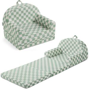 Blissful Diary Foldable Toddler Couch, 2-in-1 Comfy Toddler Chair & Lounger for Reading, Playroom, Kids Couch Sofa for Girls Boys Birthday Gift, Sage Checkered