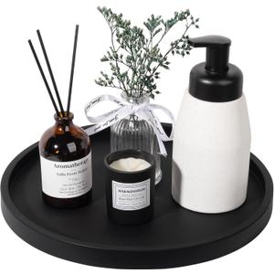 Silicone Bathroom Tray Round Vanity Tray Decorative Soap Holder Kitchen Countertop Organizer Coffee Table Decor for Candle, Perfume, Plant, 11 Inch, Black