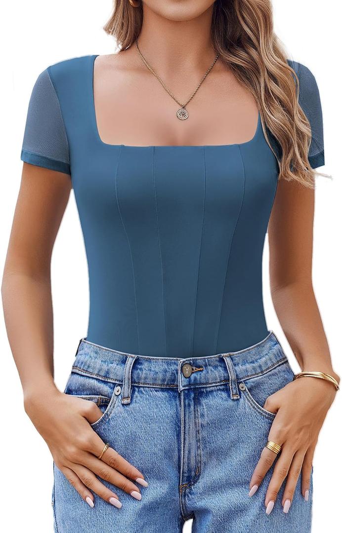 Avidlove Women's Short Sleeve Bodysuits Sexy Square Neck Body Suit Mesh Double Lined Tshirt Leotard Tops Going Out (Large, Dark Blue)