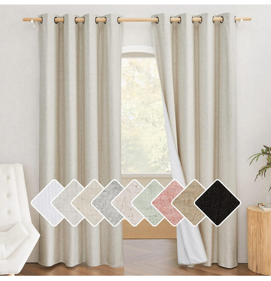 NICETOWN Natural 100% Blackout Linen Curtains 84 inch Long Burg for Living Room, 2 Panels, 52" Wide, Farmhouse Thick Completely Blackout Window Treatment Thermal Insulated Warm Drapes for Winter
