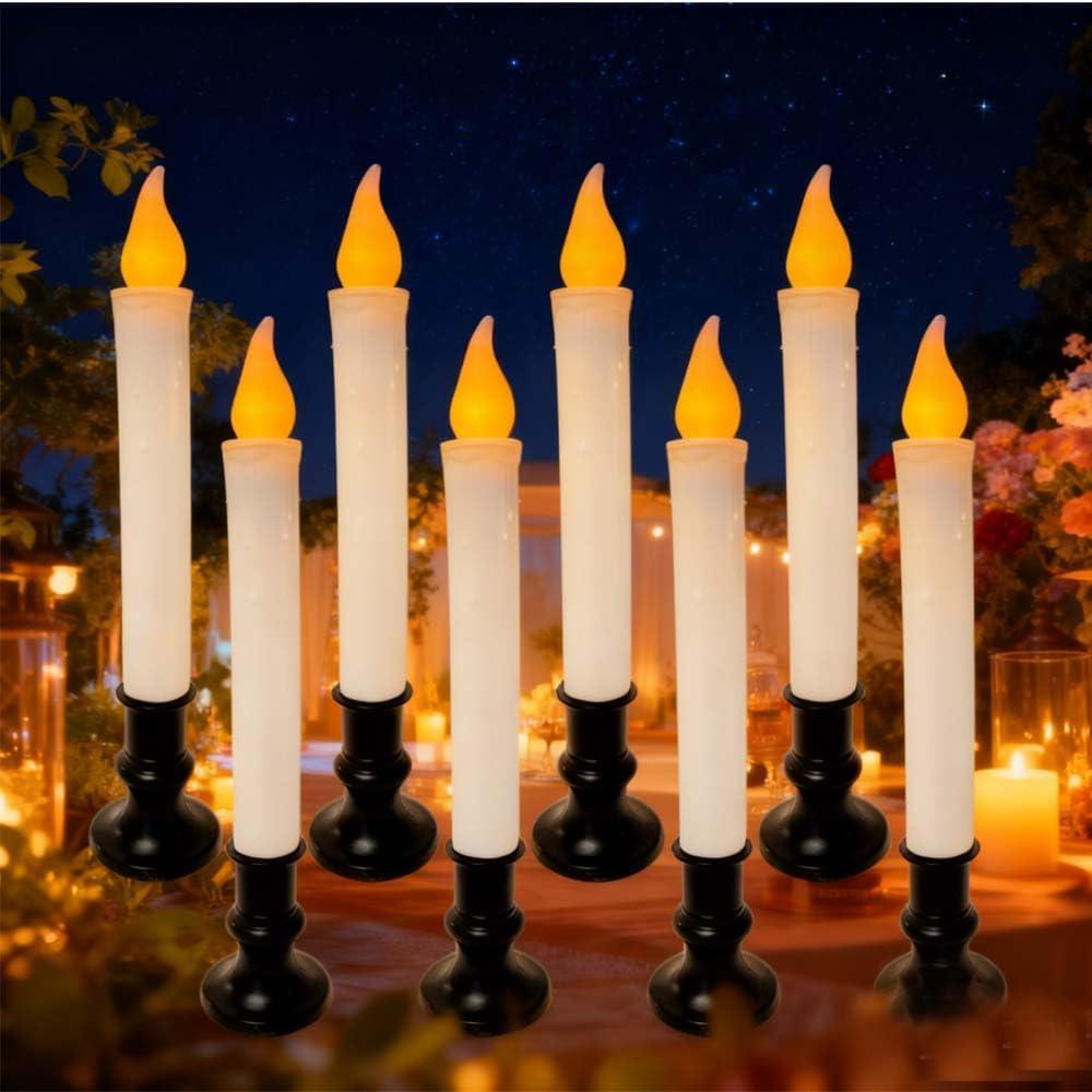 Christmas Window Candle Lights, Black Base LightsDusk to Dawn Sensor Turns Candle on in Dark and Off in Light, 9 "LED Battery Powered Candles for Indoor Table Party Decorations - Set of 8