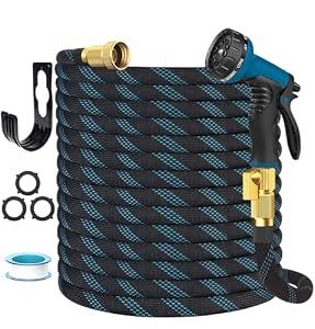 Garden Hose Non-Expandable 75 ft, Lightweight Flexible Water Hose with 10 Function Spray Nozzle, Outdoor Leak Proof, Kink-Free, Portable Hose for Yard, Lawn, Camper, High-Density Fabric, Black Blue