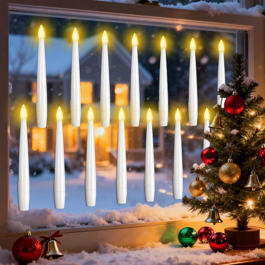 14 Pcs Window Candles with Light Sensor Dusk to Dawn, Ivory LED Window Candle Battery Operated, Flameless Taper Christmas Window Candle for Thanksgiving and Window Decoration