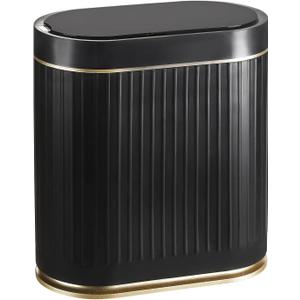 ELPHECO Bathroom Trash Can 2 Gallon Plastic Smart Garbage Can Waterproof Wastebasket Bathroom Decor Narrow Garbage Bin with Automatic lid for Bedroom, Kitchen, Office, Black Gold
