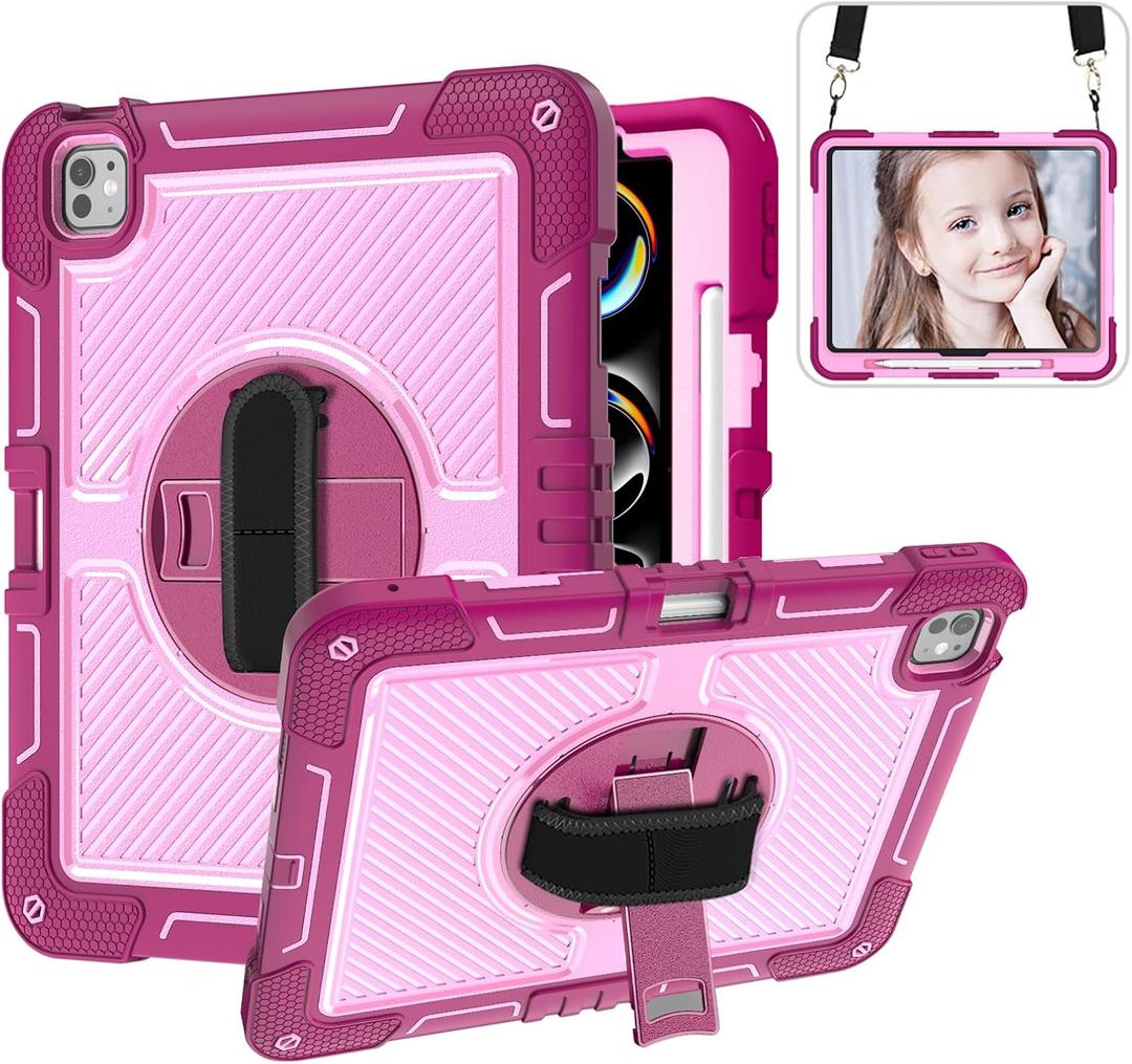 Case for iPad Pro 13 Inch 2024 M4 (7th Generation) Kids,Rugged Heavy Duty Shockproof Protective with 360Rotating Stand,Pencil Holder,Hand/Shoulder Strap Cover for Girls,Women,Rosy Red+Pink