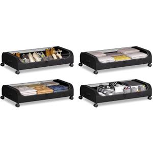 YEEBONIX Under Bed Storage with Wheels, 4 Pack Curved Under Bed Storage Containers, 60L Under The Bed Storage Bins, Rolling Under The Bed Storage Metal Drawer for Clothes, Blankets, ShoesBlack