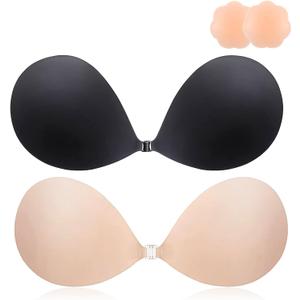 Push Up Sticky Bra, 2 Pack Reusable Adhesive Invisible Backless Strapless Bra (US, Cup Band, D, Nude+Black)