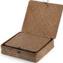Elsjoy 2 Pack Flat Seagrass Storage Bins with Lid, Wicker Woven Storage Basket Set, Rattan Organizer Bins for Shelf, Closet, Bedroom