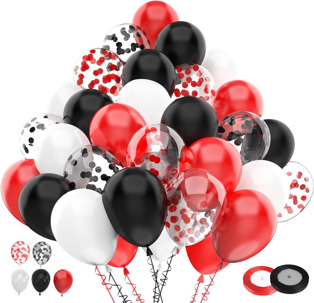 100pcs Red Black White Latex Balloons with 12 Inch Red Black Glitter Confetti Balloons Birthday Wedding Baby Shower Graduation Poker Card Decorations, Red and Black Party Balloon Set