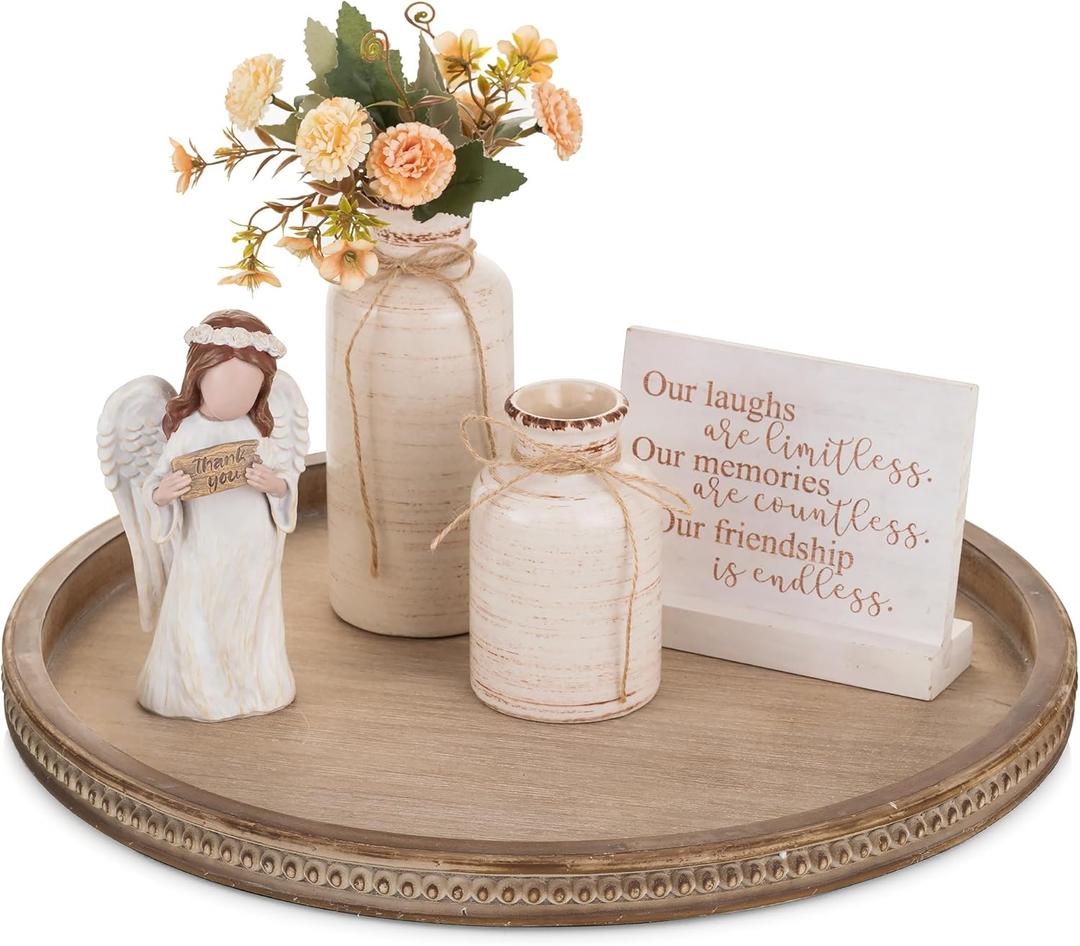 Hanobe Large Round Decorative Tray: 45cm Coffee Table Beaded Tray Vintage Circle Big Wood Trays Decor Rustic Farmhouse Ottoman Centerpiece Serving Home for Counter (17.7", Brown)