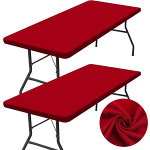 homing 2 Pack Rectangle Table Cloth, Elastic Fitted Fabric Tablecloth Fits for 6 Foot Folding Tables, Washable Table Cover for Picnic, Camping, Indoor & Outdoor (Red, 30" x 72")