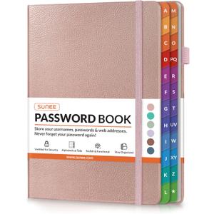 SUNEE Password Book with Colorful Alphabetical Tabs, Password Books for Seniors, Password Keeper Book for Computer and Internet Address Website Login, 5.3''x 7.7''- Rose Gold