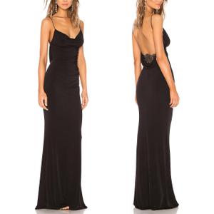 Capuffy Women Drape Neck Formal Maxi Dresses Lace Backless Cocktail Party Dress Spaghetti Straps Mermaid Evening Gown 221 (Medium, Black)