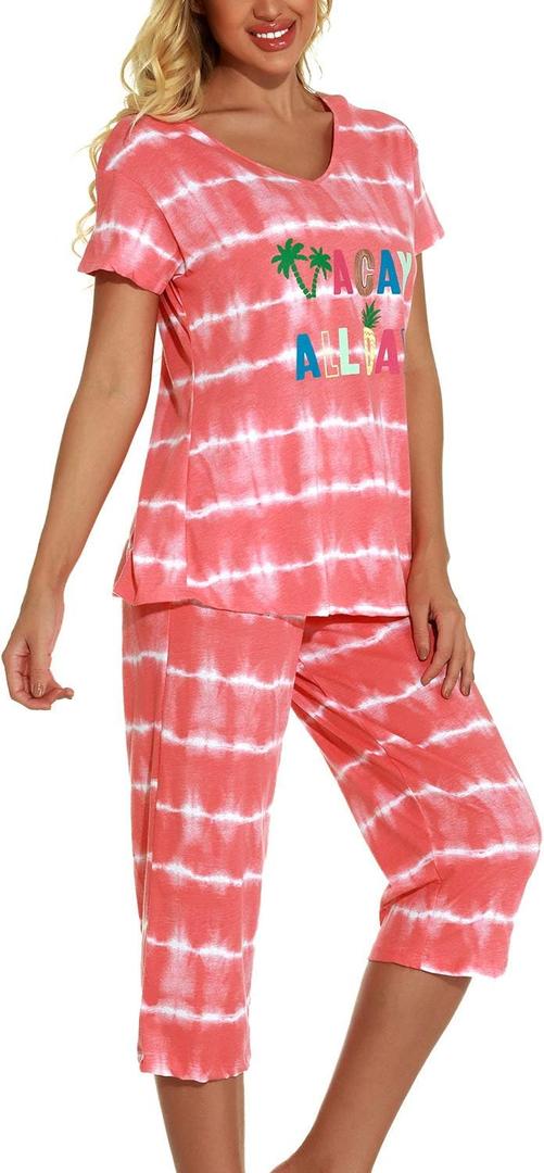 Lu's Chic Women's Cute Pajama Set Cotton Capri Loungewear Soft Short Sleeve Pjs Comfy Pants Lounge Two Piece Patterned Print Sleepwear Orange, Small