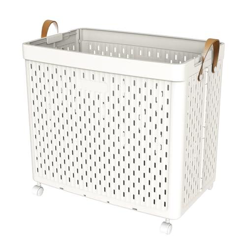 UAK Plastic Laundry Basket with Wheels & Handle, 110L Heavy Duty Foldable Laundry Hamper – Easy Clean Waterproof Rolling Organizer for Bathroom & Laundry Room, White