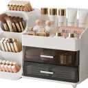 Makeup Organizer for Vanity with Brush Holder, Large Plastic Bathroom Countertop Skincare Organizer with 2 Drawers, Spacious Cosmetic Display Case for Perfumes, Eyeshadow Palettes, Nail Polishes