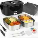 IXIIE Electric Lunch Box 80W Food Warmer for Work, 12V/24V/110V Portable Lunch Warmer for Adults with 2-Pack Stainless Steel Containers, Heated Lunch Box for Car/Truck/Office/Outdoors (Black+Black) (1.5L Dual Interior Black)