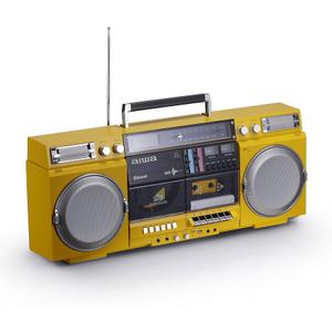 aiwa Retro Boombox CD Player with Cassette Recording, Bluetooth 5.0, FM/AM Radio, USB/SD/AUX Inputs, VU Meters, LCD Display, Dual 40W Speakers - Yellow