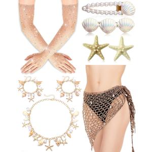 Coume 9 Pcs Halloween Mermaid Cosplay Costume Women Crochet Skirt Rhinestone Long Fishnet Gloves Necklace Bracelets Hair Clip