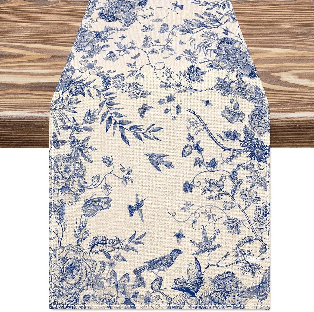 AnyDesign Blue and White Table Runner 13 x 72 Inch Monochrome Sketch Birds Flower Table Cover Retro Floral Kitchen Dining Table Decoration for Home Party Restaurant Decor Supplies