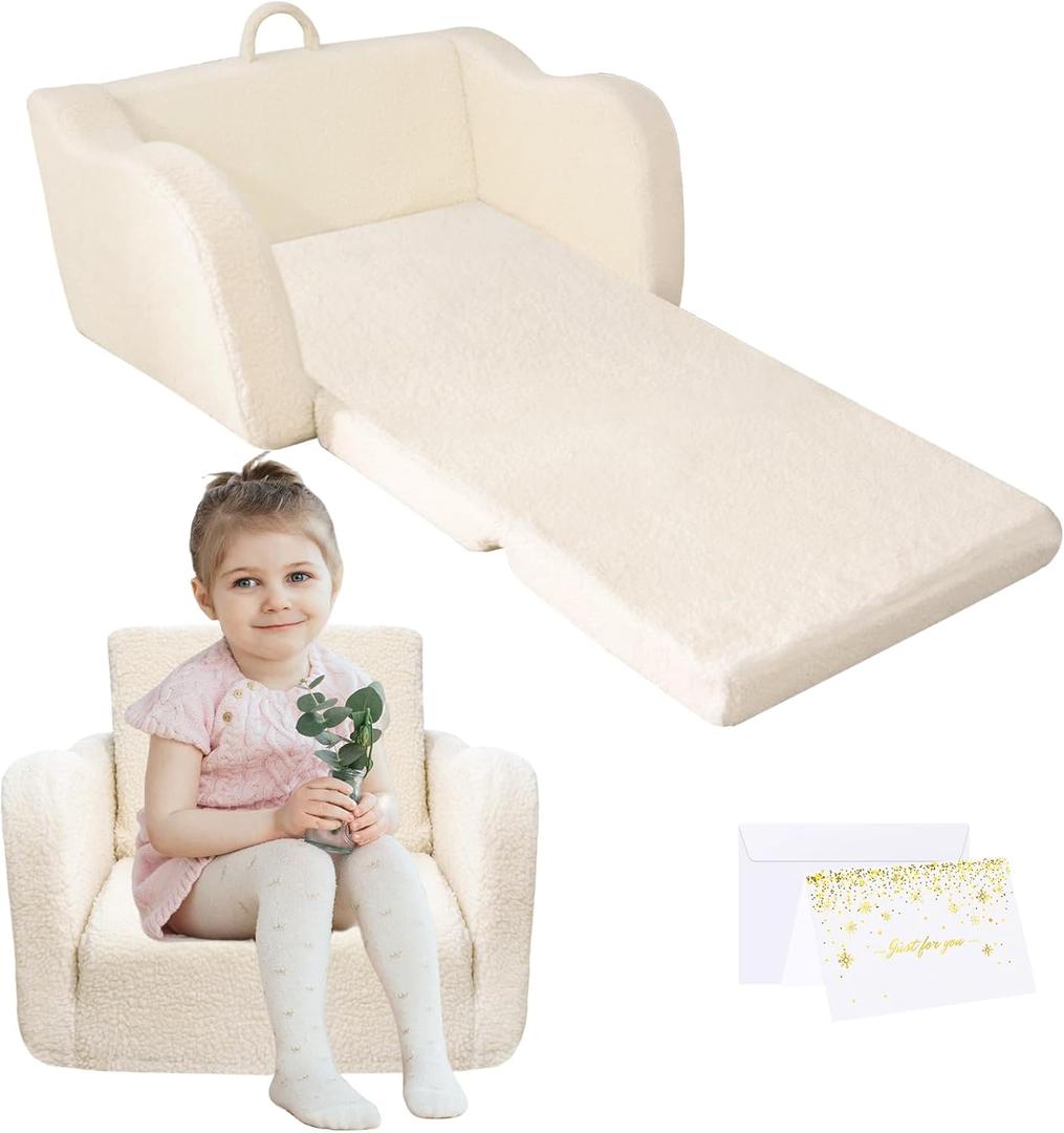 Plush Kids Sofa, Convertible Toddler Soft Couch with Handle,Comfy Folding Chair for Girls Boys Playing and Reading,Beige