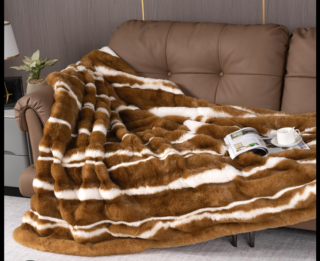 Vamcheer Throw Blanket for Bed - Faux Rabbit Fur Throw Blanket for Couch Bedroom Living Room, Soft Thick Warm Fluffy Striped Blankets for Fall Winter, Brown 90x108 inches