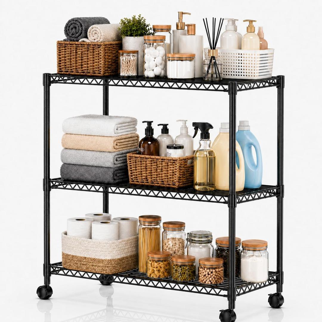 Simple Deluxe 3-Tier Heavy Duty Adjustable Storage Shelf with Wheels, 23.23”W x 13.39”D x 30.31”H, Mobile or Stationary Metal Shelving Unit, Easy Assembly for Kitchen, Pantry, Laundry Room, Black