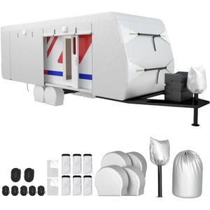 24-27 FT RV Trailer Cover 300D Oxford Trailer Cover, Tire Cover, Jack Cover & Straps, Waterproof Windproof 24-27ft RV Trailer Camper Motorhome Cover, Anti-UV Snowproof with Zipper Door