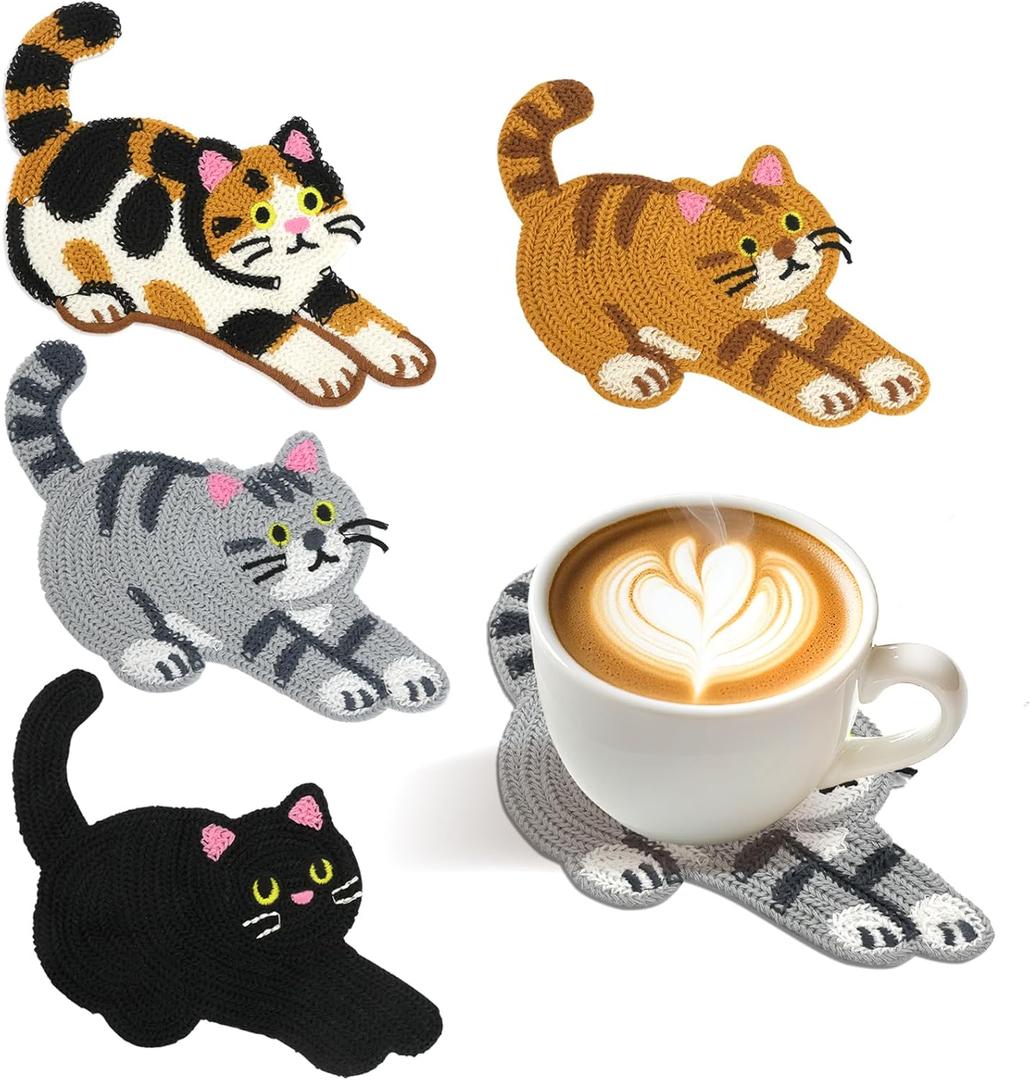 Cute Cat Coasters for Desk, Funny Woven Coaster for Decoration, Creative Gifts for Cat Lovers, Crochet Insulation Knitted Coasters for Coffee Tea Table Desktop Protection (4, Style C)