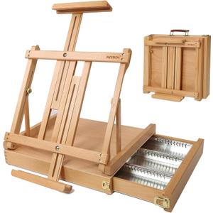 MEEDEN Studio Sketchbox Table Easel with Metal Lined Drawer - Adjustable Solid Beech Wood Tabletop Easel & Sketchbox Artist Easel with Storage, for Studio or Plein Air - Holds canvases up to 34" high