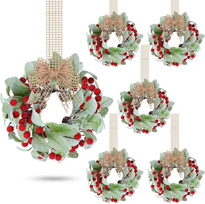 Zeyune 6 Set 9'' Small Wreaths for Kitchen Cabinets Mini Christmas Wreaths Real Touch Lamb Ear with Burlap Ribbon Red Berry Farmhouse for Xmas Wall Window Indoor Outdoor Chair Fireplace Decor