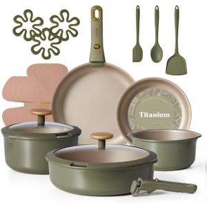 CAROTE 19 Pcs Pots and Pans Set, Nonstick Cookware Sets with Detachable Handle, Oven Safe, Cookware Non Stick Cooking Set w/Frying Pans & Saucepans Green(PFOS, PFOA Free)